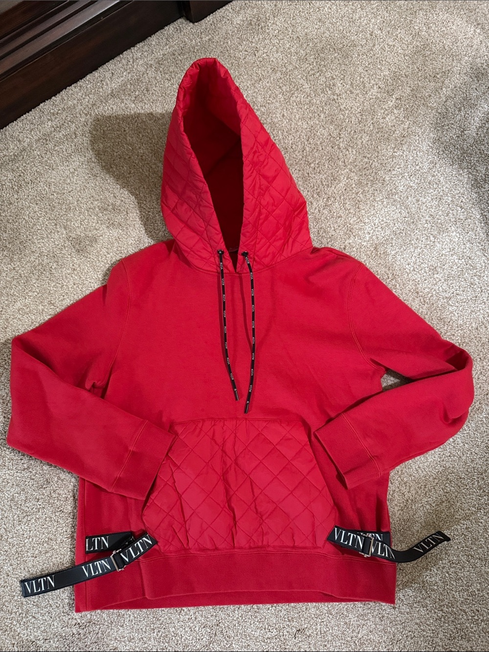 Valentino Red Quilted Hooded Sweatshirt with Branded Ties